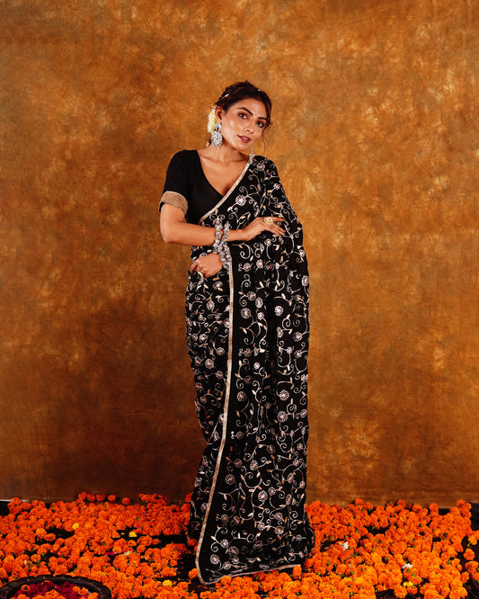 BAHAR JAAL SAREE - BLACK
