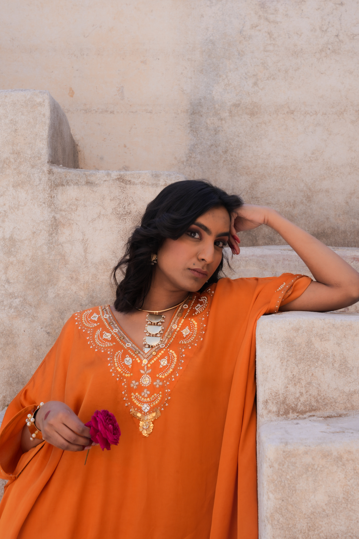 Sakhi Kaftan Set - Rust Orange