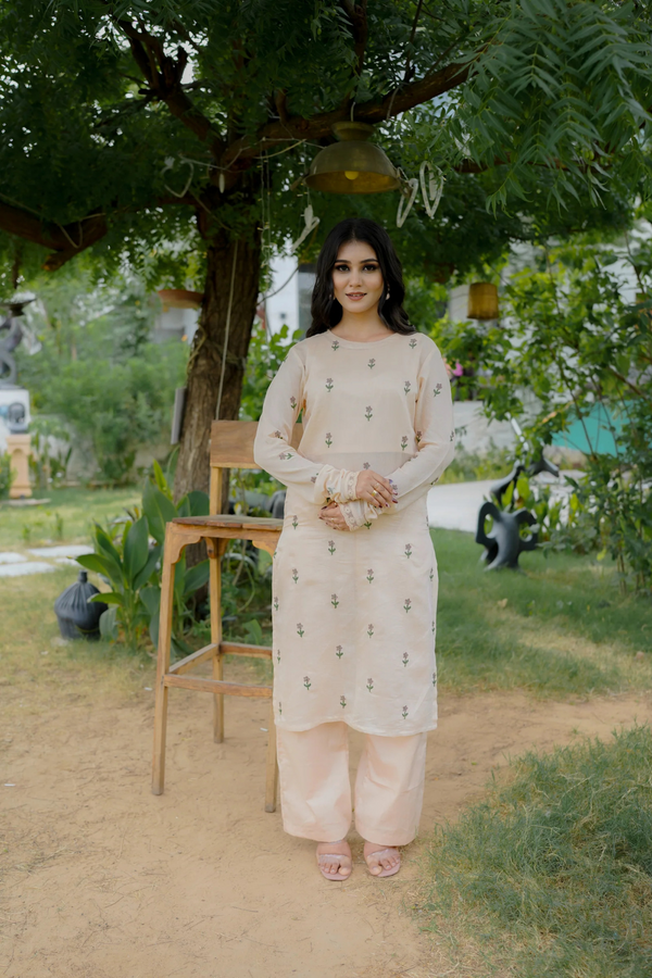 ROSE STRAIGHT KURTI SET - PEACH