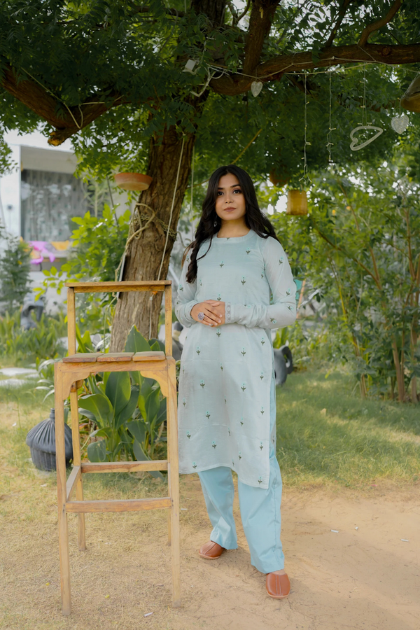 ROSE STRAIGHT KURTI SET - BLUE