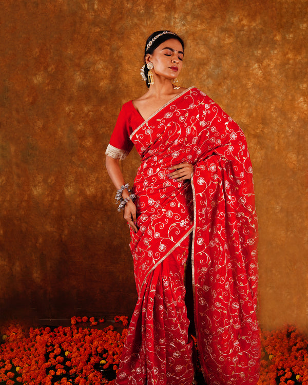BAHAR JAAL SAREE - RED