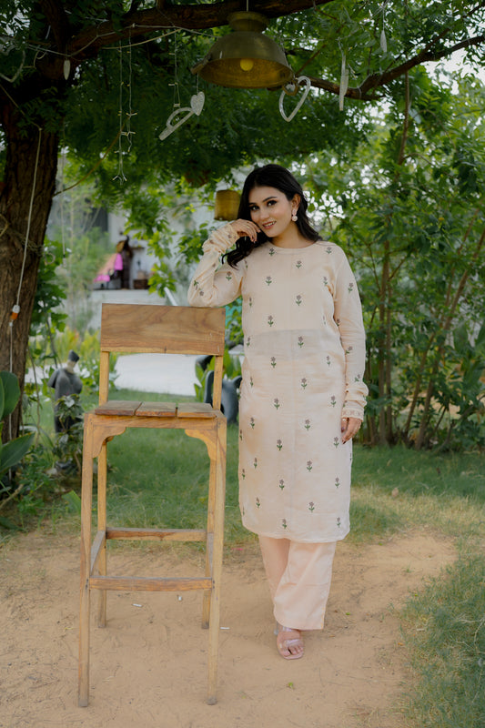 ROSE STRAIGHT KURTI SET - PEACH
