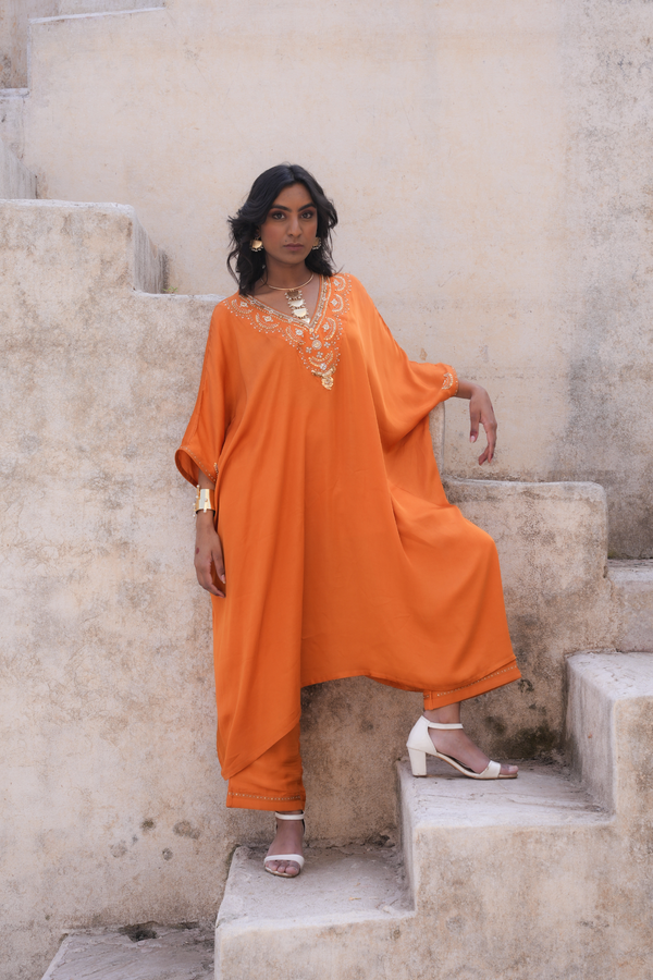 Sakhi Kaftan Set - Rust Orange